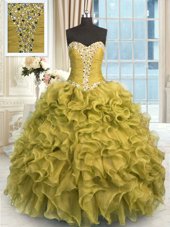 High Class Olive Green Lace Up Quinceanera Gown Beading and Ruffles Sleeveless Floor Length