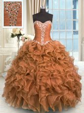 Fabulous Floor Length Lace Up Sweet 16 Dresses Brown and In for Military Ball and Sweet 16 and Quinceanera with Beading and Ruffles