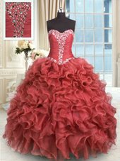 Ball Gowns Quinceanera Dress Rust Red Sweetheart Organza Sleeveless Floor Length Lace Up