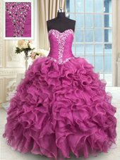 Modern Rose Pink Sleeveless Organza Lace Up Quinceanera Gowns for Military Ball and Sweet 16 and Quinceanera