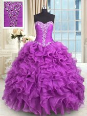 High Class Purple Ball Gowns Beading and Ruffles Quinceanera Dresses Lace Up Organza Sleeveless Floor Length