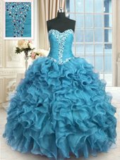 Designer Baby Blue Organza Lace Up Quinceanera Gown Sleeveless Floor Length Beading and Ruffles