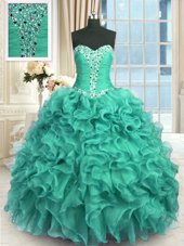 Modest Turquoise Sleeveless Floor Length Beading and Ruffles Lace Up Ball Gown Prom Dress