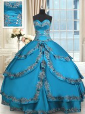 Blue Taffeta Lace Up Sweetheart Sleeveless Floor Length Quinceanera Gowns Beading and Embroidery and Ruffled Layers
