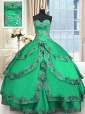 Pretty Sleeveless Taffeta Floor Length Lace Up Quinceanera Gown in Turquoise for with Beading and Embroidery and Ruffled Layers