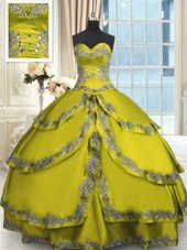 Fashionable Taffeta Sweetheart Sleeveless Lace Up Beading and Appliques and Ruffled Layers Quinceanera Gown in Yellow Green