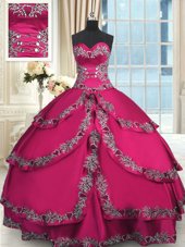 Glamorous Fuchsia Sleeveless Floor Length Beading and Embroidery and Ruffled Layers Lace Up Sweet 16 Dress