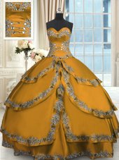 High End Ruffled Gold Sleeveless Taffeta Lace Up Quince Ball Gowns for Military Ball and Sweet 16 and Quinceanera