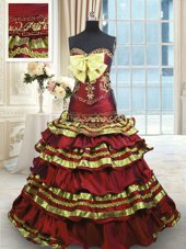 Fabulous Wine Red Sweetheart Lace Up Appliques and Embroidery and Ruffled Layers and Bowknot Sweet 16 Dress Sweep Train Sleeveless