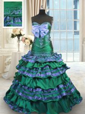 Best Selling Mermaid Sleeveless Brush Train Lace Up Appliques and Embroidery and Ruffled Layers and Bowknot Quinceanera Dresses
