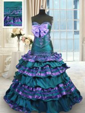 Stylish Mermaid Peacock Green Sweetheart Lace Up Appliques and Ruffled Layers and Bowknot Vestidos de Quinceanera Sweep Train Sleeveless