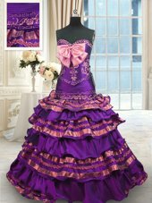 Suitable Mermaid Purple Sweet 16 Dresses Military Ball and Sweet 16 and Quinceanera and For with Appliques and Ruffled Layers and Bowknot Sweetheart Sleeveless Brush Train Lace Up