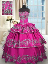 Nice Fuchsia Sleeveless Embroidery and Ruffled Layers Floor Length Quinceanera Dresses