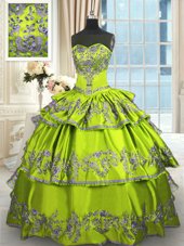 Discount Yellow Green Ball Gowns Embroidery and Ruffled Layers Quinceanera Dresses Lace Up Taffeta Sleeveless Floor Length