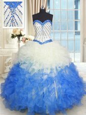 Colorful Blue And White Sweetheart Lace Up Beading and Ruffles Ball Gown Prom Dress Sleeveless