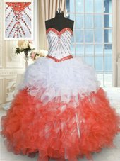 White And Red Lace Up Sweetheart Beading and Ruffles Quinceanera Gown Organza Sleeveless