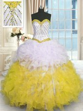 Glorious Yellow And White Organza Lace Up Sweet 16 Dress Sleeveless Floor Length Beading and Ruffles