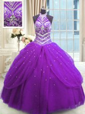 Graceful Floor Length Lace Up Vestidos de Quinceanera Purple and In for Military Ball and Sweet 16 and Quinceanera with Beading