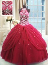 Popular Red Sleeveless Floor Length Beading Lace Up Quinceanera Dress