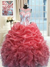 Suitable Scoop Watermelon Red Sleeveless Organza Zipper Quinceanera Dress for Military Ball and Sweet 16 and Quinceanera