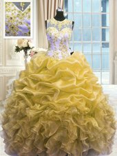 Custom Design Scoop Sleeveless Floor Length Beading and Ruffles Zipper Ball Gown Prom Dress with Gold