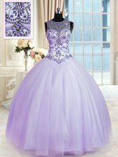 Comfortable Scoop Floor Length Lace Up Quinceanera Gowns Lavender and In for Military Ball and Sweet 16 and Quinceanera with Beading