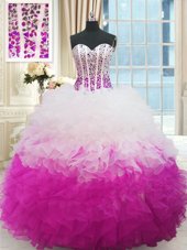 Modern White and Fuchsia Sleeveless Organza Lace Up Vestidos de Quinceanera for Military Ball and Sweet 16 and Quinceanera