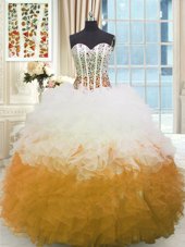 Pretty Beading and Ruffles Vestidos de Quinceanera Yellow And White Lace Up Sleeveless Floor Length