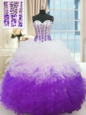 Artistic Organza Sweetheart Sleeveless Lace Up Beading and Ruffles Sweet 16 Quinceanera Dress in White And Purple
