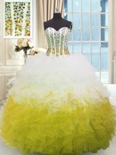 Low Price Organza Sweetheart Sleeveless Lace Up Beading and Ruffles 15th Birthday Dress in Yellow And White