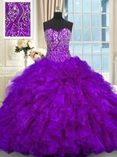 Low Price Sweetheart Sleeveless Ball Gown Prom Dress Brush Train Beading and Ruffles Purple Organza