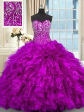 Flirting Purple Ball Gowns Beading and Ruffles 15 Quinceanera Dress Lace Up Organza Sleeveless