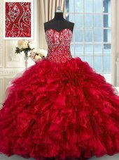 Fashion Sleeveless Beading and Ruffles Lace Up Ball Gown Prom Dress with Red Brush Train