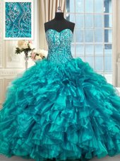Best Selling Teal Sweetheart Lace Up Beading and Ruffles Quince Ball Gowns Brush Train Sleeveless