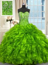 Sleeveless Organza Brush Train Lace Up Quinceanera Dress in for with Beading and Ruffles