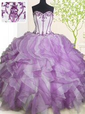 Trendy Beading and Ruffles Vestidos de Quinceanera White And Purple Lace Up Sleeveless Floor Length