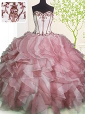 Sophisticated Floor Length Pink And White Ball Gown Prom Dress Organza Sleeveless Ruffles