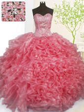 Custom Fit Rose Pink Ball Gowns Organza Sweetheart Sleeveless Beading and Ruffles and Pick Ups Floor Length Lace Up Quinceanera Dress