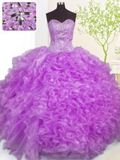 Fine Purple Sweetheart Lace Up Beading and Ruffles and Pick Ups Sweet 16 Dresses Sleeveless