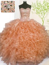 Eye-catching Sweetheart Sleeveless 15th Birthday Dress Floor Length Beading and Ruffles and Pick Ups Peach Organza