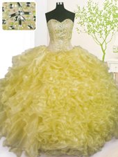 On Sale Light Yellow Ball Gowns Beading and Ruffles and Pick Ups Quinceanera Dress Lace Up Organza Sleeveless Floor Length