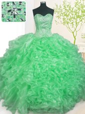 Artistic Apple Green Lace Up Sweetheart Beading and Ruffles and Pick Ups Quince Ball Gowns Organza Sleeveless