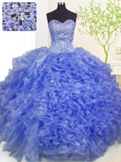 Dramatic Lilac Lace Up Quince Ball Gowns Beading and Ruffles and Pick Ups Sleeveless Floor Length
