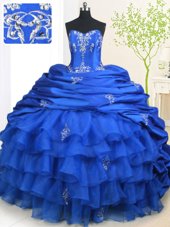 Discount Organza and Taffeta Sleeveless With Train Quinceanera Dress Brush Train and Beading and Appliques and Ruffled Layers and Pick Ups