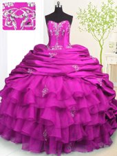 Shining Fuchsia Strapless Lace Up Beading and Appliques and Ruffled Layers and Pick Ups Quinceanera Gowns Brush Train Sleeveless