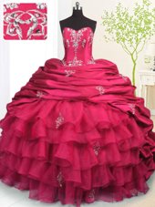 Enchanting Pick Ups Ruffled Rose Pink Sleeveless Organza and Taffeta Brush Train Lace Up Quinceanera Gowns for Military Ball and Sweet 16 and Quinceanera