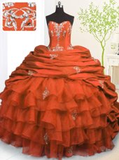 Pretty Orange Red Strapless Lace Up Beading and Appliques and Ruffled Layers and Pick Ups Sweet 16 Quinceanera Dress Brush Train Sleeveless