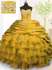 Exquisite Gold Sleeveless With Train Beading and Appliques and Ruffled Layers and Pick Ups Lace Up Quinceanera Gowns