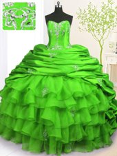 Dynamic Sleeveless Brush Train Lace Up With Train Beading and Appliques and Ruffled Layers and Pick Ups Quinceanera Gowns