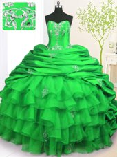Amazing Green Quinceanera Dresses Military Ball and Sweet 16 and Quinceanera and For with Beading and Appliques and Ruffled Layers and Pick Ups Strapless Sleeveless Brush Train Lace Up